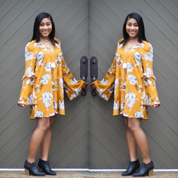 ❌SOLD OUT❌ Floral Print Mustard Bell Sleeve Dress - Picture 2 of 4